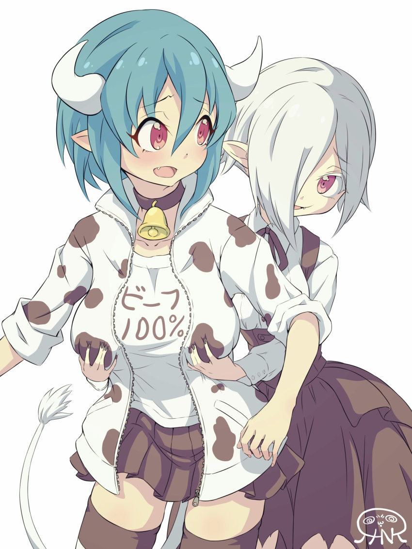 2girls absurdres animal_print bell black_skirt blue_hair blush breasts collar collarbone commentary_request cow_girl cow_horns cow_print cow_tail grabbing grabbing_another's_breast grabbing_from_behind highres horns jacket jashin-chan_dropkick jihanki_(kunicho_gt) large_breasts miniskirt minos_(jashin-chan_dropkick) multiple_girls neck_bell oerba_yun_fang open_mouth persephone_ii pleated_skirt pointy_ears red_eyes short_hair simple_background skirt small_breasts smile tail thighhighs track_jacket white_background white_hair yuri