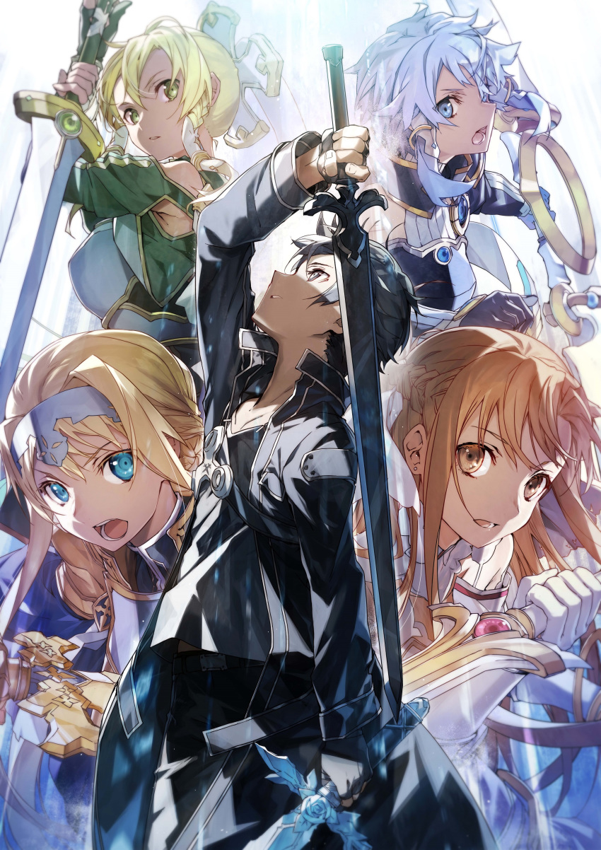 1boy 4girls absurdres alice_zuberg annihilate_ray aqua_eyes aqua_hair armor asuna_(sao) asuna_(stacia) bare_shoulders black_eyes black_hair blonde_hair blue_armor blue_cape blue_eyes blue_flower blue_hair blue_rose blue_rose_sword bow_(weapon) braid braided_ponytail breastplate brown_eyes brown_hair bunbun cape detached_sleeves flower glowing glowing_sword glowing_weapon gold_armor gold_gloves green_eyes hairband highres holding holding_bow_(weapon) holding_sword holding_weapon kirito knight leafa leafa_(terraria) long_hair multiple_girls night_sky_sword official_art osmanthus_blade ponytail radiant_light rapier rose short_hair shoulder_armor sinon sinon_(solus) sword sword_art_online sword_art_online:_alicization sword_art_online:_alicization_-_war_of_underworld unsheathed verdurous_anima very_long_hair weapon white_hairband