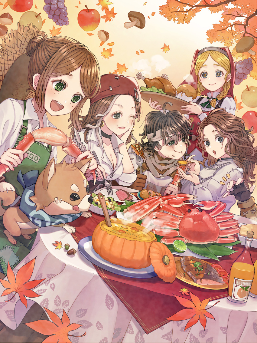 2boys 4girls ada_mesmer anne_lester apple apron arm_up arms_up black_choker black_gloves black_hair blonde_hair braid brown_hair button_eyes buttons chicken_(food) choker crab demi_bourbon emil_(identity_v) emma_woods fingerless_gloves food freckles fruit fruit_cup gloves grapes happy hat highres holding holding_spoon identity_v juice leaf leaf_print light_smile maple_leaf meal medium_hair mole mole_above_mouth mole_under_eye mole_under_mouth multiple_boys multiple_girls mushroom naib_subedar official_art one_eye_closed orange_juice outdoors overalls party pinecone pumpkin shiba_inu_(identity_v) shirt short_hair sidelocks smile spoon stitches straw_hat stuffing torn_clothes tray twin_braids white_shirt