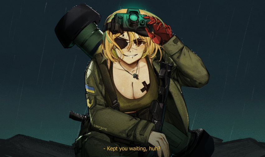 artist_name assault_rifle azov_battalion big_boss blonde_hair breasts brown_eyes cleavage cross cross_necklace english_text eyepatch female fgm-148_javelin goggles goggles_on_head green_tank_top gun hair_between_eyes handgun jacket jewelry large_breasts looking_at_viewer marichka mechanical_arms metal_gear_(series) metal_gear_solid_v:_ground_zeroes metal_gear_solid_v:_the_phantom_pain military military_jacket military_uniform necklace night_vision_device original parody patch rain rifle russo-ukrainian_war scar scar_on_face shoulder_patch single_mechanical_arm smirk solo tank_top tryzub ukrainian_flag uniform usergore weapon