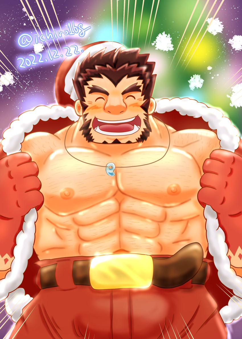 1boy ^_^ abs absurdres alternate_costume bara bare_pectorals black_hair blush christmas closed_eyes dated emphasis_lines facing_viewer forked_eyebrows hat highres kumanomi_ichiro large_pectorals male_focus muscular muscular_male mutton_chops navel nipples pectorals red_hat santa_costume santa_hat short_hair solo sparse_chest_hair square_face strongman_waist tajikarao_(housamo) thick_eyebrows tokyo_afterschool_summoners tusks undressing