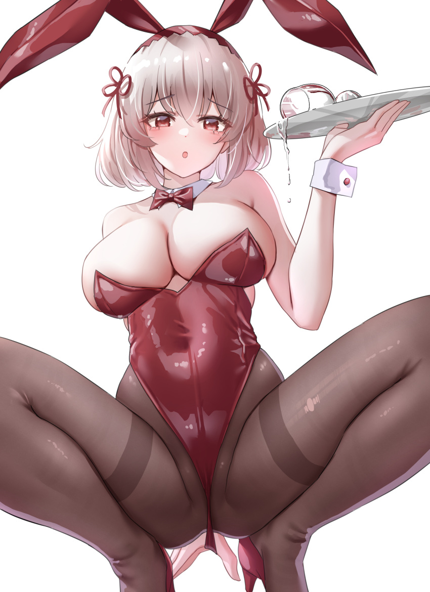 :o absurdres animal_ears arm_behind_back azur_lane blush bob_cut bow bowtie breasts classic_(zildjian33) cleavage detached_collar fake_animal_ears female hair_between_eyes high_heels highleg highleg_leotard highres holding holding_tray knees_out_of_frame large_breasts leotard leotard_tug looking_at_viewer pantyhose playboy_bunny rabbit_ears red_eyes red_leotard short_hair simple_background sirius_(azur_lane) solo spill spread_legs squatting strapless strapless_leotard thighband_pantyhose tray white_background white_hair wrist_cuffs