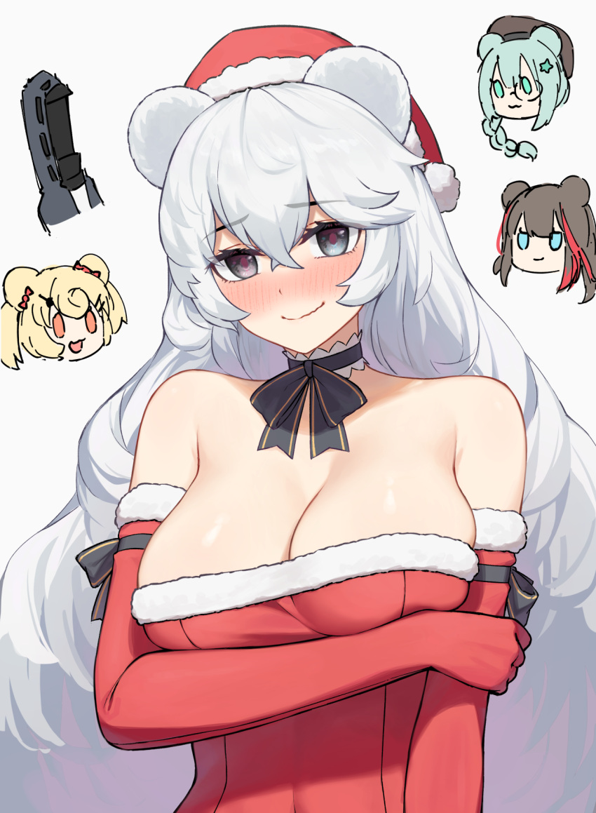 1boy 4girls allen.n alternate_eye_color animal_ears arknights bear_ears blush breasts choker christmas disembodied_head doctor_(arknights) dress elbow_gloves frilled_choker frills fur-trimmed_dress fur-trimmed_gloves fur_trim gloves grey_eyes grey_hair gummy_(arknights) hat highres holding_own_arm istina_(arknights) large_breasts long_hair multiple_girls no_heterochromia red_dress red_gloves rosa_(arknights) santa_dress santa_hat smile strapless strapless_dress upper_body very_long_hair wavy_mouth zima_(arknights)