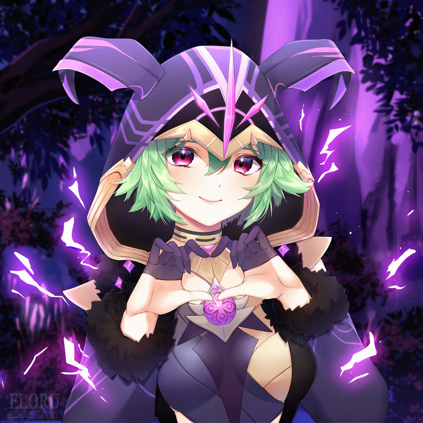 armor artist_name black_gloves breastplate breasts cicin_mage_(genshin_impact) closed_mouth commentary commission detached_sleeves electricity electro_cicin_mage_(genshin_impact) eloru english_commentary eyelashes fake_horns female forest fur-trimmed_sleeves fur_trim genshin_impact gloves green_hair half_gloves heart heart_hands highres horns long_sleeves looking_at_viewer nature outdoors pauldrons pink_lips purple_background purple_hood purple_horns purple_sleeves red_eyes short_hair shoulder_armor smile solo underboob upper_body vision_(genshin_impact) watermark