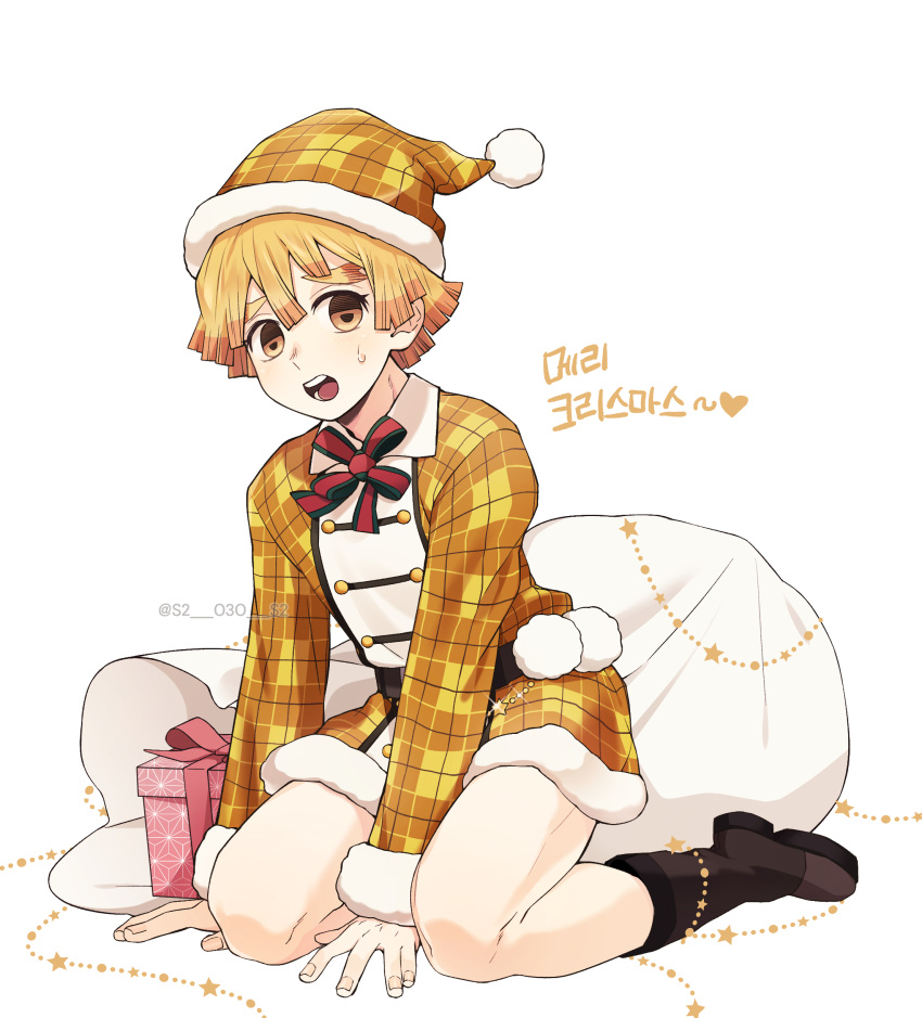 1boy absurdres agatsuma_zenitsu bare_legs blonde_hair brown_eyes christmas commentary_request gift hat highres kimetsu_no_yaiba korean_text long_sleeves male_focus merry_christmas open_mouth otoko_no_ko sack santa_hat shimya shirt shoes short_hair simple_background solo teeth tongue translation_request white_background yellow_hat yellow_shirt