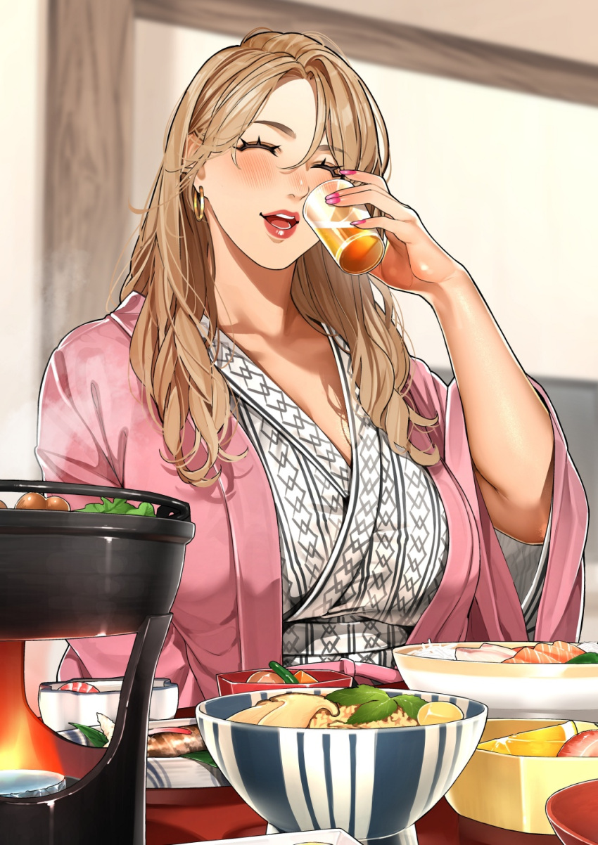 anna-san_(sakura_no_tomoru_hi_e) architecture bath_yukata blush breasts closed_eyes commentary_request cup drink earrings east_asian_architecture female food haori highres holding holding_cup hoop_earrings indoors japanese_clothes jewelry kimono large_breasts lips lipstick long_hair makeup mature_female nail_polish original paid_reward_available parted_hair pink_haori pink_nails red_lips sakura_no_tomoru_hi_e solo yukata