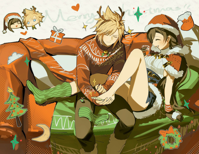 1boy antlers applying_pedicure arm_support backless_outfit black_hair blonde_hair blue_eyes box breasts capelet chibi chibi_inset christmas christmas_present christmas_sweater christmas_tree closed_eyes cloud_strife commentary couch couple crescent_moon cup dress drinking_glass duoj_ji fake_antlers female final_fantasy final_fantasy_vii final_fantasy_vii_ever_crisis final_fantasy_vii_remake full_body fur-trimmed_capelet fur-trimmed_headwear fur-trimmed_skirt fur_trim gift gift_box green_nails green_socks hat heart highres holding holding_another's_foot holding_cup horns knee_up long_hair medium_breasts merry_christmas miniskirt moon nail_polish official_alternate_costume red_capelet red_sweater reindeer_antlers santa_dress santa_hat single_bare_leg single_barefoot single_sock single_sock_removed sitting skirt smile socks sparkle spiked_hair straight sweater tifa_lockhart tifa_lockhart_(fairy_of_the_holy_flame) turtleneck turtleneck_sweater white_sweater