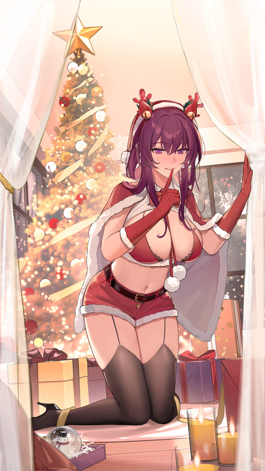 animal_ears antlers bell belt blush bow bowtie bra breasts candle cape christmas christmas_tree deer_ears earrings fake_animal_ears fake_horns female finger_to_mouth full_body fur-trimmed_cape fur-trimmed_gloves fur-trimmed_shorts fur_trim gift gloves hair_between_eyes hat high_heels highres honkai:_star_rail honkai_(series) horns indoors jewelry jingle_bell kafka_(honkai:_star_rail) kneeling knees_together_feet_apart large_breasts looking_at_viewer medium_hair midriff navel parted_lips purple_eyes purple_hair red_bow red_bowtie red_bra red_cape red_gloves red_shorts reindeer_antlers ribbon santa_costume santa_hat short_shorts shorts snow_globe solo thighhighs underwear window winter yokii