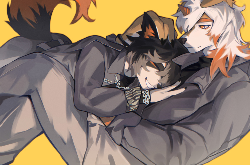 2boys aak_(arknights) absurdres arknights axianorange belt black_belt chinese_commentary claws closed_eyes colored_tips commentary_request furry furry_male grey_jacket grey_pants hand_on_another's_chest hand_on_another's_head highres horns hung_(arknights) jacket komainu_boy komainu_ears komainu_tail looking_at_another lying lying_on_person male_focus multicolored_hair multiple_boys orange_eyes pants single_horn smile yellow_background