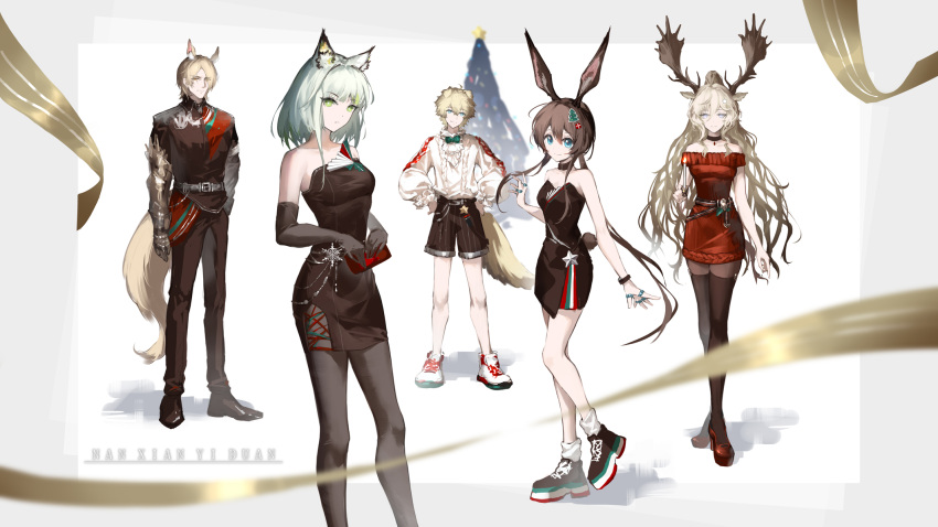 2boys 3girls amiya_(arknights) animal_ears antlers arknights artist_name bare_shoulders black_choker black_footwear black_gloves black_pants black_pantyhose black_shirt black_shorts black_thighhighs blonde_hair blue_eyes breasts brown_hair candle cat_ears cat_girl choker christmas christmas_tree christmas_tree_hair_ornament deer_antlers deer_ears deer_girl dog_boy dog_ears dog_tail dress elbow_gloves extra_ears fire gauntlets gift_hair_ornament gloves green_eyes green_hair hair_between_eyes hair_ornament hand_in_pocket highres holding holding_candle horns horse_boy horse_ears horse_tail jewelry kal'tsit_(arknights) looking_at_viewer medium_breasts mlynar_(arknights) multiple_boys multiple_girls multiple_rings nanxianyiduan off-shoulder_sweater off_shoulder pants pantyhose pendant_choker ponytail rabbit_ears rabbit_girl rabbit_tail red_footwear red_sweater ribbon ring shirt short_hair shorts sidelocks single_gauntlet small_breasts smile socks standing star_(symbol) strapless strapless_dress sweater tail tequila_(arknights) thighhighs thighhighs_over_pantyhose thumb_ring viviana_(arknights) white_footwear white_socks white_sweater yellow_ribbon