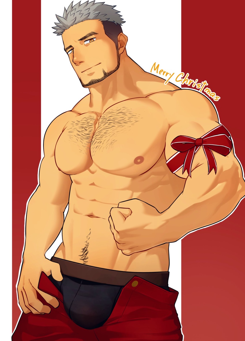 1boy abs arm_ribbon bad_id bad_twitter_id bara beard biceps black_male_underwear boxer_briefs chest_hair closed_mouth clothes_pull collarbone crave_saga facial_hair flexing grey_hair hidora_art highres light_smile looking_at_viewer male_focus male_underwear mature_male merry_christmas navel_hair nipples orange_hair pants pants_pull pectorals red_pants ribbon short_hair solo sparse_chest_hair sparse_navel_hair tagmard_(crave_saga) topless_male undercut underwear