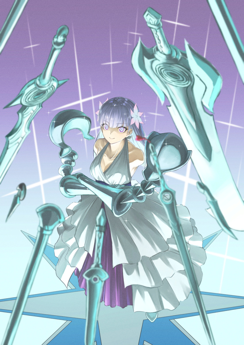 amputee armless_amputee armor bare_shoulders beruu breasts cleavage collarbone commentary cross-shaped_pupils crossed_arms dagger double_amputee dress female floating floating_object floating_weapon flower grey_hair hair_flower hair_ornament highres knife levitation long_hair looking_at_viewer magic medium_breasts multiple_weapons purple_eyes ragna_crimson rayman_limbs sleeveless sleeveless_dress smile solo sparkle standing starlia_lese sword symbol-shaped_pupils telekinesis weapon white_dress