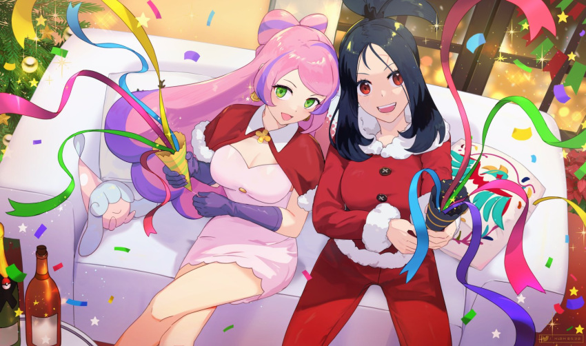 2girls alcohol black_hair breasts christmas christmas_tree cleavage commentary_request confetti couch dendra_(pokemon) dress gloves hatenna highres hsin indoors long_hair medium_hair miriam_(pokemon) multicolored_hair multiple_girls on_couch open_mouth pants pink_dress pink_hair pokemon pokemon_(creature) pokemon_sv purple_gloves purple_hair red_eyes red_pants smile sparkle streaked_hair teeth two-tone_hair upper_teeth_only