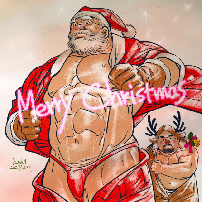 ._. 2boys abs animal_costume antlers bara beard belly bikini_briefs blank_stare bulge christmas facial_hair feet_out_of_frame from_below full_beard glasses gloves hat highres horns huge_eyebrows large_pectorals male_focus male_underwear mature_male merry_christmas multiple_boys muscular muscular_male navel nipples old old_man open_pants original pants pectoral_lift pectorals plump raitokagami red_headwear red_male_underwear red_nose reindeer_antlers reindeer_costume santa_claus santa_costume santa_hat short_hair shy solo_focus strongman_waist sweat sweatdrop thick_beard thick_eyebrows thick_thighs thighs underwear undressing yaoi