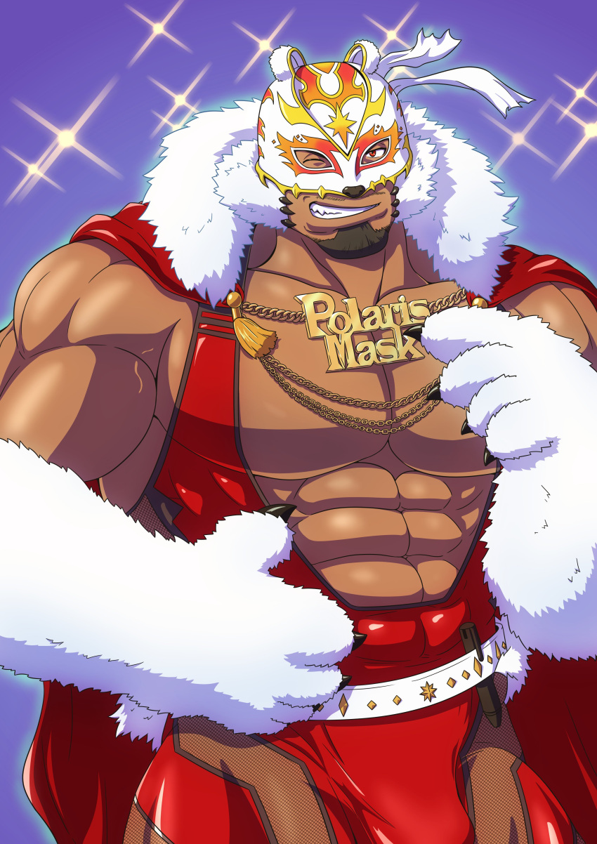 1boy absurdres animal_ears bara bear_ears bear_mask bear_paws bee_boy brown_eyes bulge cape christmas clothing_cutout cowboy_shot dark-skinned_male dark_skin facial_hair fake_animal_ears fishnet_cutout fur_trim goatee hat highres huge_pectorals live_a_hero male_focus mask mature_male minatsumi muscular muscular_male official_alternate_costume one_eye_closed pectorals polaris_mask_(live_a_hero) red_cape santa_costume smile solo thigh_cutout wrestling_mask wrestling_outfit