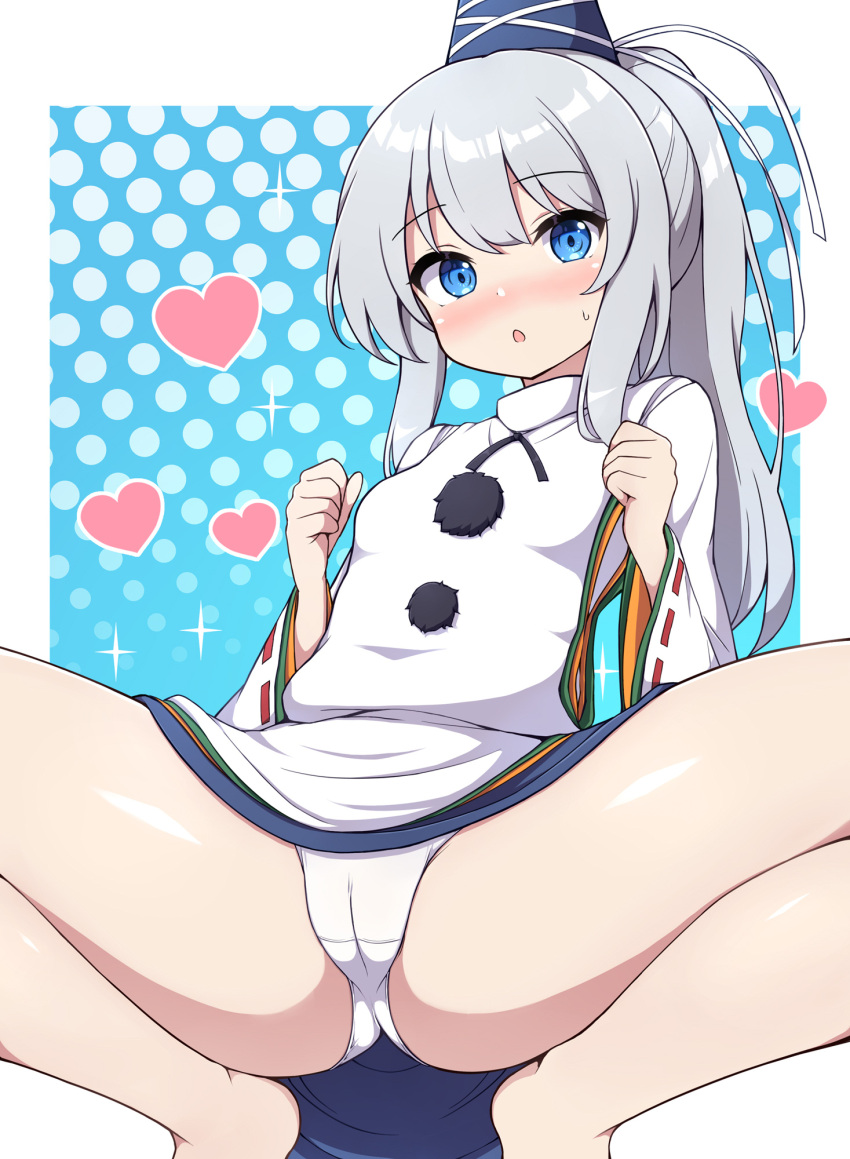 ass barefoot blue_eyes blue_hat blush cameltoe female grey_hair hair_between_eyes hat heart highres japanese_clothes kariginu long_hair looking_at_viewer mononobe_no_futo no_pants panties parted_lips pom_pom_(clothes) rizento solo squatting tate_eboshi thighs touhou underwear white_panties