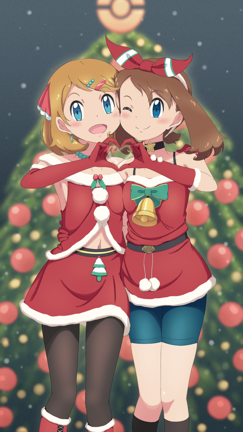 2girls :d ;) absurdres alternate_costume bead_necklace beads bike_shorts blue_eyes blurry blurry_background blush bow_hairband brown_hair christmas christmas_tree closed_mouth clothing_cutout commentary earrings elbow_gloves gloves hair_ornament hairband hairclip hand_up heart heart_hands highres jewelry looking_at_viewer may_(pokemon) multiple_girls navel navel_cutout necklace one_eye_closed open_mouth pantyhose pokemon pokemon_(anime) pokemon_journeys pokemon_oras red_gloves red_skirt santa_costume scarletsky serena_(pokemon) skirt smile