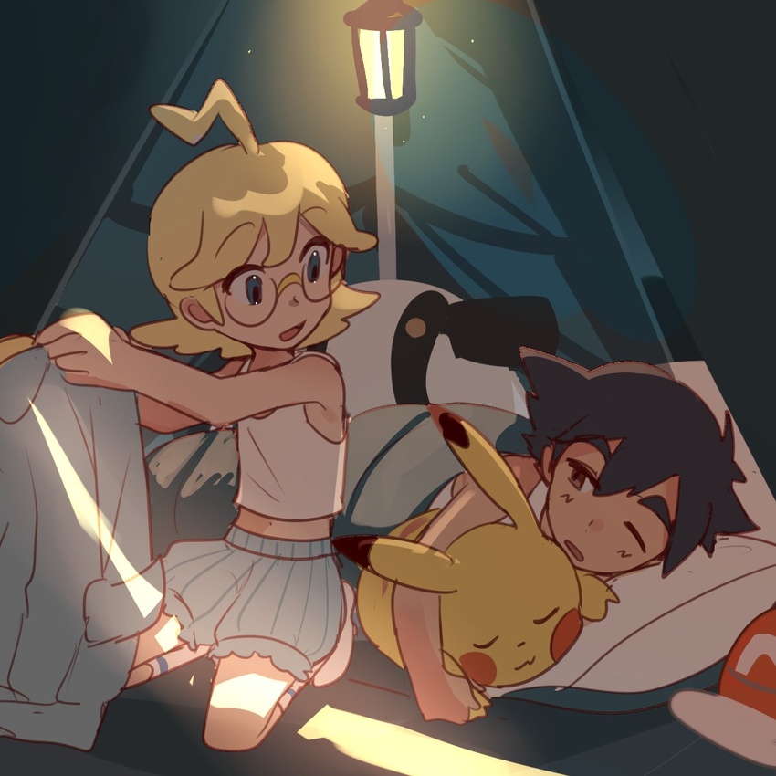 2boys aqua_eyes black_hair blonde_hair brown_eyes clemont_(pokemon) commentary_request glasses hat highres holding holding_clothes indoors lantern lying male_focus multiple_boys one_eye_closed open_mouth pikachu pokemon pokemon_(anime) pokemon_xy_(anime) satoshi_(pokemon) shirt short_hair shorts sleeping_bag smile socks suikaels tank_top unworn_hat unworn_headwear white_shirt white_socks