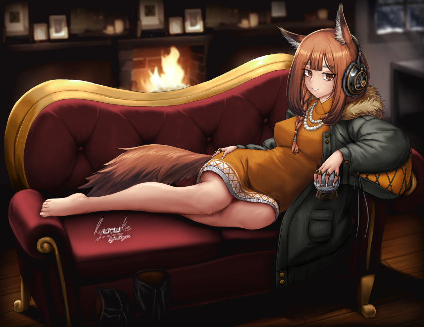 absurdres animal_ear_fluff animal_ears arknights bare_legs barefoot bead_necklace beads black_footwear black_jacket boots braid breasts brown_eyes brown_hair couch covered_nipples dress female fur_collar hagane_ryusuke hand_on_own_hip headphones highres holding implied_extra_ears jacket jewelry long_hair long_sleeves looking_at_viewer lying medium_breasts necklace night on_couch on_side open_clothes open_jacket orange_dress parted_lips picture_frame ratatos_browntail_(arknights) snow_globe solo squirrel_ears squirrel_girl squirrel_tail tail unworn_boots window