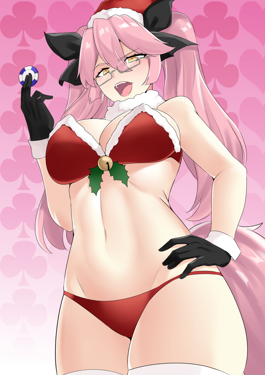 absurdres animal_ear_fluff bare_shoulders black_bow black_gloves blush bow bra breasts cleavage fate/grand_order fate_(series) female fox_tail fur_collar glasses gloves hair_between_eyes hairbow hat highres koyanskaya_(fate) kuroeart large_breasts long_hair looking_at_viewer navel open_mouth panties pink_hair poker_chip red_bra red_panties santa_hat sidelocks smile solo tail tamamo_(fate) thighhighs thighs twintails underwear white_thighhighs yellow_eyes