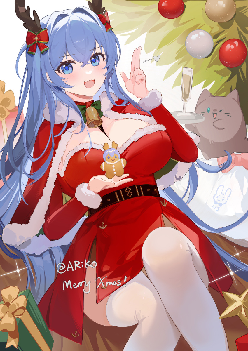 :3 absurdres antlers ariko_(aaaaarik) artist_name azur_lane bell blue_eyes blue_hair bow box breasts champagne_flute character_cookie christmas christmas_tree crossed_bangs cup dress drinking_glass fake_antlers feline female gift gift_box gingerbread_cookie gingerbread_man hair_intakes hairbow hands_up heart highres holding holding_tray horns large_breasts light_blush long_hair looking_at_viewer meowfficer_(azur_lane) merry_christmas neck_bell new_jersey_(azur_lane) open_mouth red_bow red_dress reindeer_antlers salute santa_costume santa_dress sparkle thighhighs tray two-finger_salute white_thighhighs