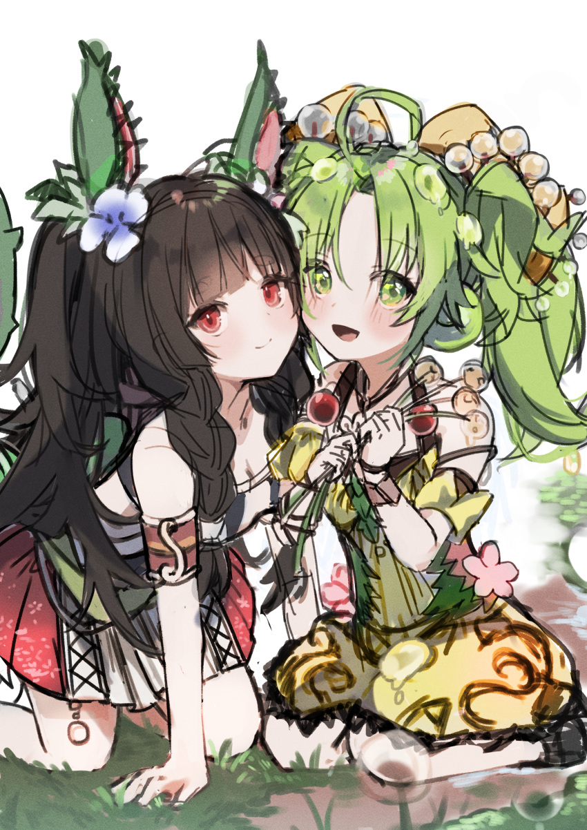 2girls ahoge armband bare_shoulders black_hair braid breasts closed_mouth dress duel_monster flower green_eyes green_hair hair_flower hair_ornament highres kneeling long_hair looking_at_viewer multiple_girls on_grass open_mouth parted_bangs plant red_eyes small_breasts traptrix_dionaea traptrix_sera twintails water white_background yellow_dress yu-gi-oh! yun_(yunjirou)