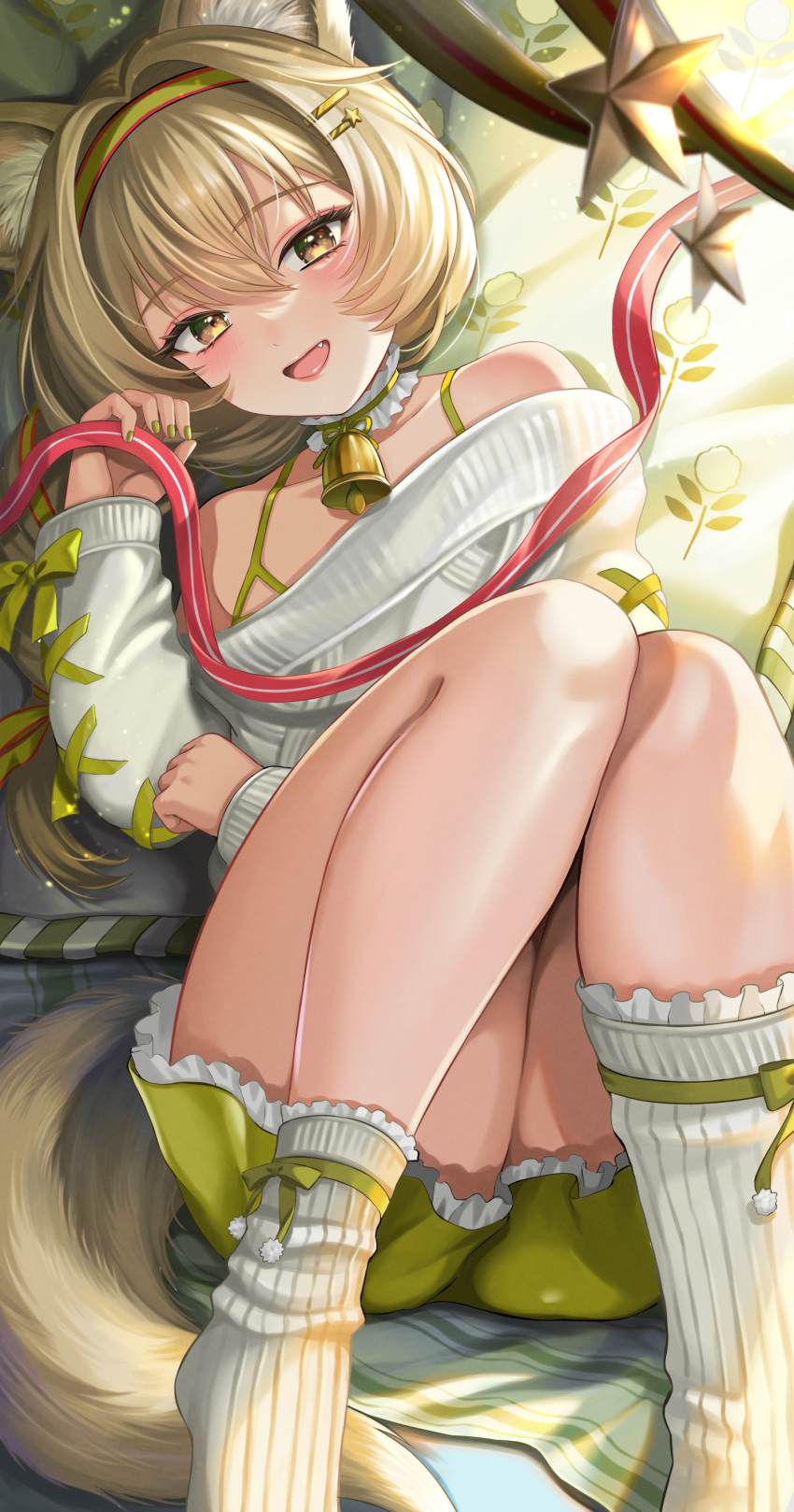 :d absurdres arknights beanstalk_(arknights) beanstalk_(gift_uncompleted)_(arknights) bell blush brown_hair collar dress female frilled_collar frills green_dress green_nails green_ribbons hair_between_eyes hair_ornament hair_ribbon hairclip highres hyena_ears hyena_girl hyena_tail kemurikemu knees_up long_hair long_sleeves looking_at_viewer lying nail_polish neck_bell oerba_yun_fang off-shoulder_sweater off_shoulder official_alternate_costume on_back open_mouth red_ribbon ribbon smile socks solo star_(symbol) star_hair_ornament sweater thighs white_socks white_sweater yellow_eyes