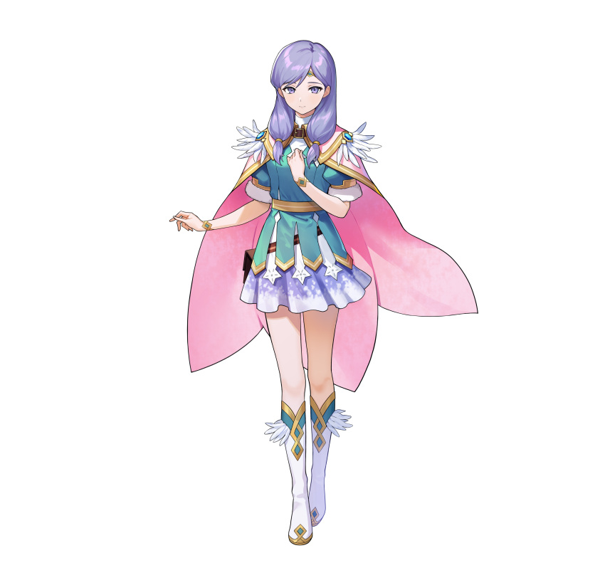 absurdres alternate_costume belt_pouch boots cape circlet closed_mouth commentary_request dress feather_trim female fire_emblem fire_emblem:_radiant_dawn fire_emblem_heroes full_body gold_trim gradient_clothes hair_ornament hand_on_own_chest hand_up highres ilyana_(fire_emblem) ilyana_(resplendent)_(fire_emblem) jewelry knee_boots long_hair looking_at_viewer official_alternate_costume official_art pouch purple_eyes purple_hair short_dress short_sleeves skirt solo standing tachi-e turtleneck urata_asao wrist_cuffs