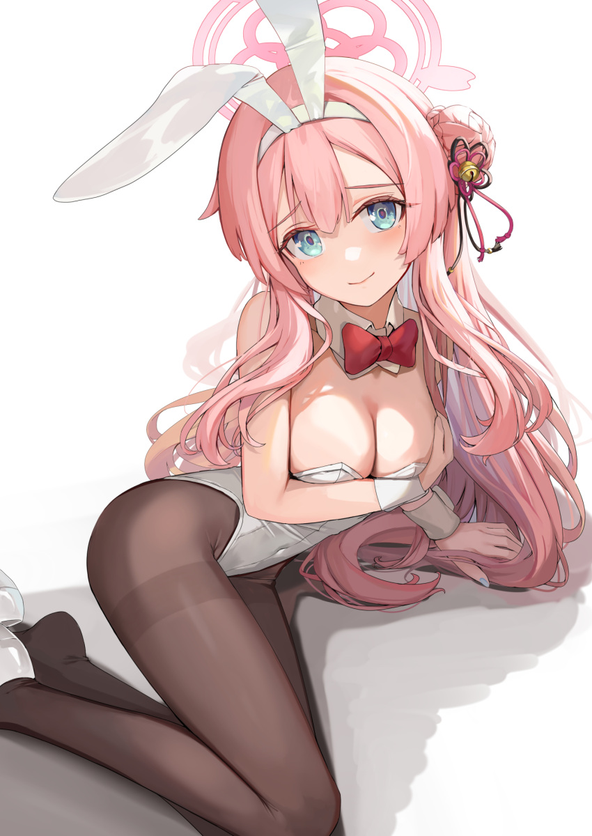 animal_ears black_pantyhose blue_archive blue_eyes blue_nails blush bow breasts cleavage closed_mouth detached_collar fake_animal_ears female fingernails halo highres leotard long_hair looking_at_viewer medium_breasts mimori_(blue_archive) nail_polish pantyhose pink_hair pink_halo playboy_bunny rabbit_ears red_bow shoes simple_background smile solo strapless strapless_leotard sunga2usagi white_background white_footwear white_leotard wrist_cuffs