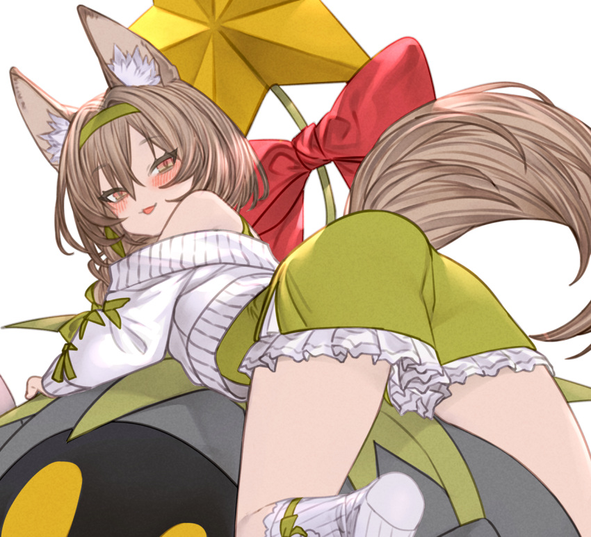 animal animal_ear_fluff animal_ears arknights ass beanstalk_(arknights) beanstalk_(gift_uncompleted)_(arknights) blush braid brown_eyes brown_hair crab dress female from_behind green_dress hair_ribbon highres hyena_ears hyena_girl hyena_tail kochiya_(gothope) long_hair looking_at_viewer looking_back metal_crab_(arknights) open_mouth oversized_animal ribbon simple_background socks solo star_(symbol) sweater white_background white_socks white_sweater