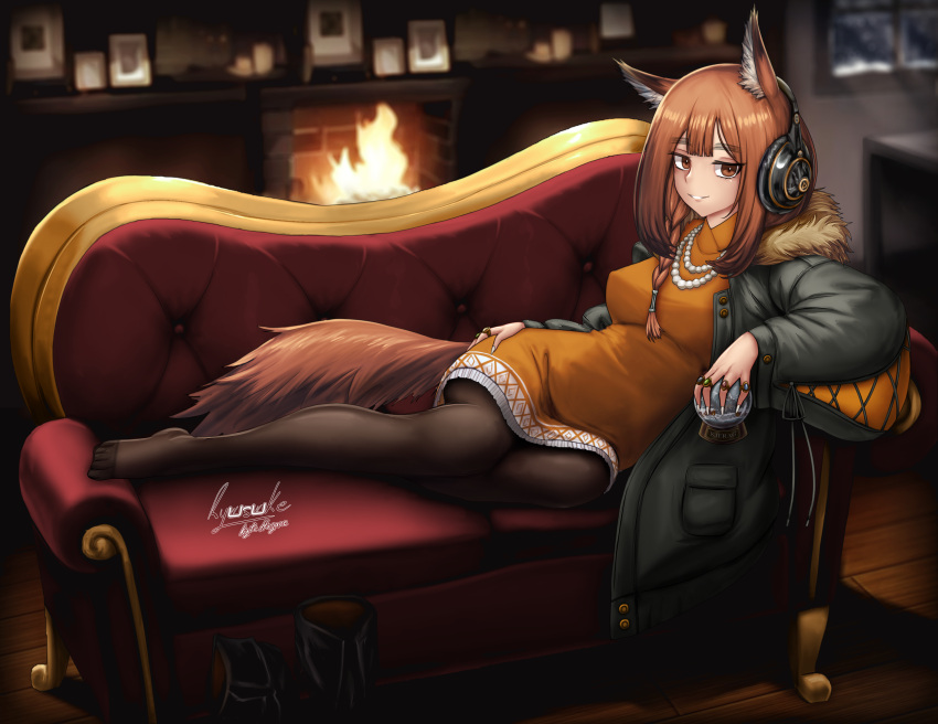 absurdres animal_ear_fluff animal_ears arknights bead_necklace beads black_footwear black_jacket black_pantyhose boots braid breasts brown_eyes brown_hair couch covered_nipples dress female fur_collar hagane_ryusuke hand_on_own_hip headphones highres holding implied_extra_ears jacket jewelry long_hair long_sleeves looking_at_viewer lying medium_breasts necklace night on_couch on_side open_clothes open_jacket orange_dress pantyhose parted_lips picture_frame ratatos_browntail_(arknights) snow_globe solo squirrel_ears squirrel_girl squirrel_tail tail unworn_boots window