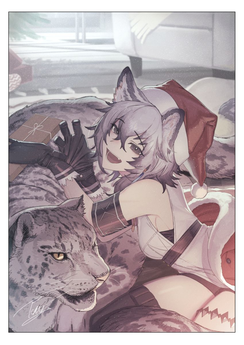 :d absurdres animal animal_ears arknights armband armchair bare_shoulders black_gloves black_thighhighs breasts chair christmas cliffheart_(arknights) female gift gloves grey_eyes grey_hair hair_between_eyes hat highres holding holding_gift indoors jacket looking_at_viewer lying medium_hair oerba_yun_fang open_mouth red_hat red_jacket santa_hat shirt sleeveless sleeveless_shirt small_breasts smile snow_leopard snow_leopard_ears snow_leopard_girl solo tena_(tenor_07209) thigh_strap thighhighs unworn_jacket white_shirt