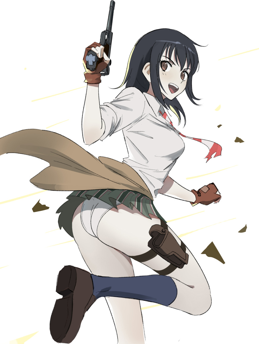 absurdres ass black_hair blue_socks brown_eyes brown_gloves clothes_around_waist commission coppelion female fingerless_gloves gloves gun handgun highres holding holding_gun holding_weapon holster kneehighs loafers long_hair looking_back luger_p08 miniskirt naruse_ibara necktie open_mouth panties pantyshot qosic school_uniform second-party_source shirt shoes simple_background skirt sleeves_rolled_up smile socks solo standing standing_on_one_leg thigh_holster torn_clothes torn_necktie underwear weapon white_background white_panties white_shirt