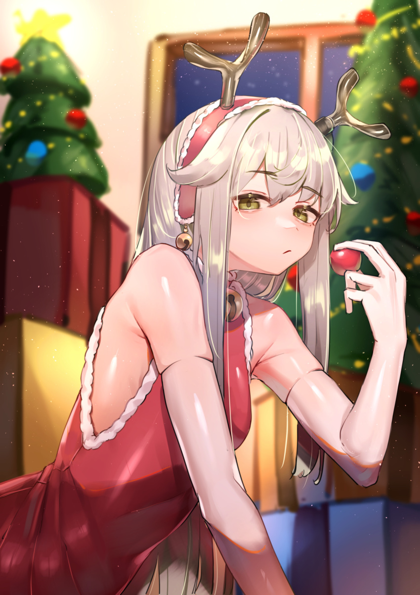 absurdres antlers arknights bare_shoulders bell box breasts christmas christmas_tree cosplay deer_antlers deer_girl dress elbow_gloves female firewatch_(arknights) fur-trimmed_dress fur_trim gift gift_box gloves green_eyes grey_gloves grey_hair hair_between_eyes hairband highres holding_nose horns indoors kirigirisu1221 long_hair looking_at_viewer neck_bell red_dress red_hairband rudolph_the_red_nosed_reindeer rudolph_the_red_nosed_reindeer_(cosplay) sleeveless sleeveless_dress small_breasts solo very_long_hair window