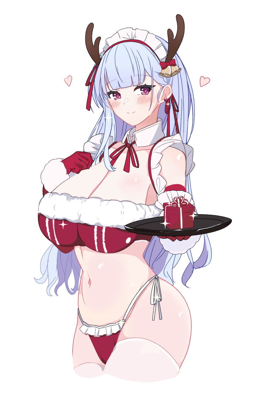 antlers azur_lane bikini blue_hair blunt_bangs blush box breasts christmas cleavage closed_mouth collar collarbone cropped_legs detached_collar dido_(azur_lane) fake_antlers female gift gift_box gloves hands_up heart heart-shaped_pupils highres holding holding_tray horns large_breasts londom_(lonhomewell) long_hair looking_at_viewer maid maid_headdress navel purple_eyes red_bikini red_gloves reindeer_antlers santa_bikini santa_costume side-tie_bikini_bottom simple_background smile solo sparkle stomach swimsuit symbol-shaped_pupils thighhighs tray white_background white_collar white_thighhighs