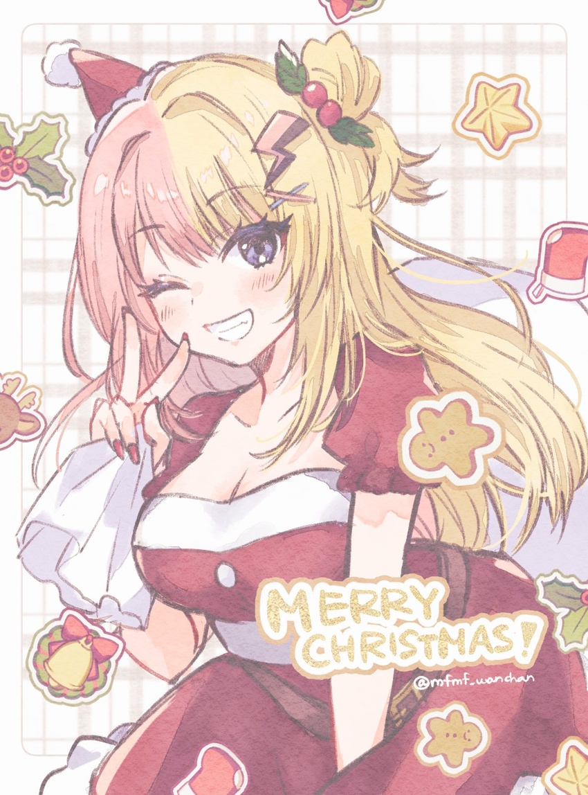 blonde_hair blue_eyes breasts cleavage dress female fingernails grin hair_bun hair_ornament hat highres kotoka_torahime lightning_bolt_hair_ornament lightning_bolt_symbol long_fingernails long_hair merry_christmas mini_hat multicolored_hair nijisanji nijisanji_en one_eye_closed pink_hair red_dress red_hat red_nails santa_hat single_side_bun smile solo split-color_hair virtual_youtuber wanmofu x_hair_ornament