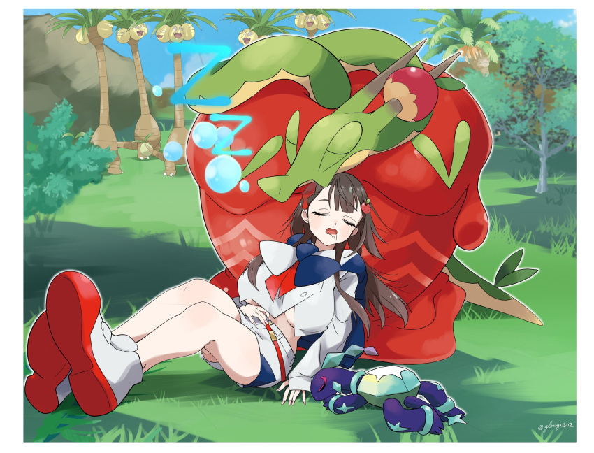 alolan_exeggutor apple belt blue_sky border breasts brown_hair commentary_request drooling eyelashes female food fruit glassy0302 highres hydrapple kuraishi_rinngo large_breasts long_hair on_grass original outdoors pokemon pokemon_(creature) pokemon_sv shoes shorts sky sleeping tail terapagos terapagos_(normal) white_border white_footwear white_shorts worm wyrm zzz