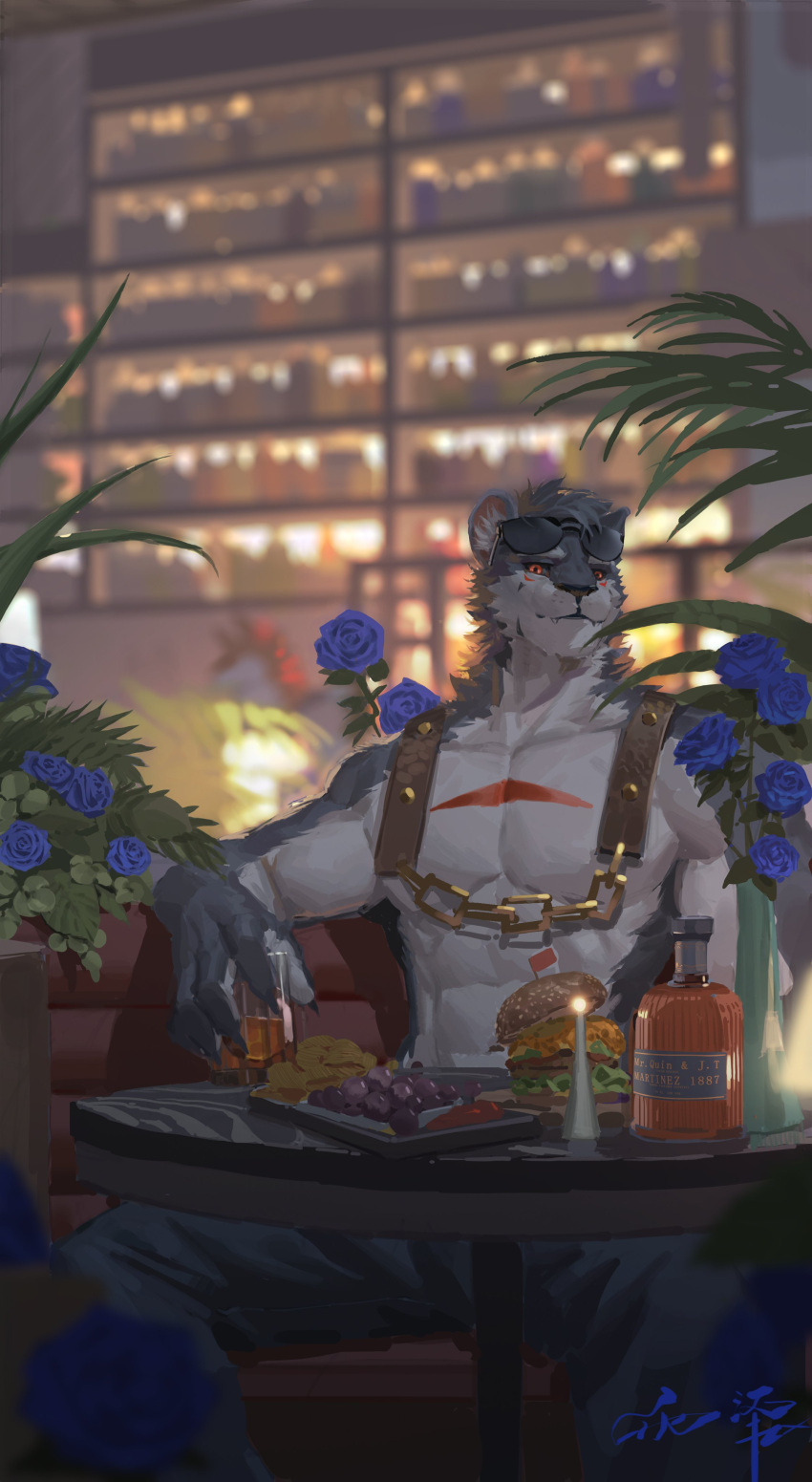 absurd_res anthro awaldkize beverage blue_rose bottomwear burger cheek_tuft clothed clothing facial_tuft fangs felid flower food front_view fur grey_body grey_bottomwear grey_clothing grey_fur grey_hair grey_pants grey_sclera hair hi_res looking_at_viewer male mammal neck_tuft orange_eyes pants plant rose_(flower) short_hair sitting solo teeth topless tuft white_body white_fur