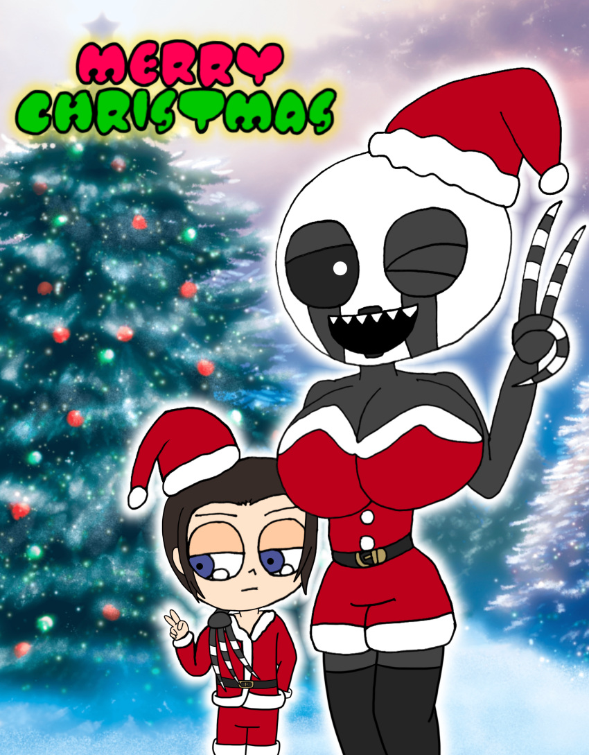 absurd_res big_breasts blue_eyes breasts chibi christmas christmas_clothing christmas_headwear clothing costume deformed female five_nights_at_freddy's five_nights_at_freddy's_4 hat headgear headwear hi_res holidays huge_breasts human humanoid male male/female mammal michael_afton monster_girl_(genre) nightmarionne_(fnaf) santa_costume santa_hat scottgames yuuki_momofox