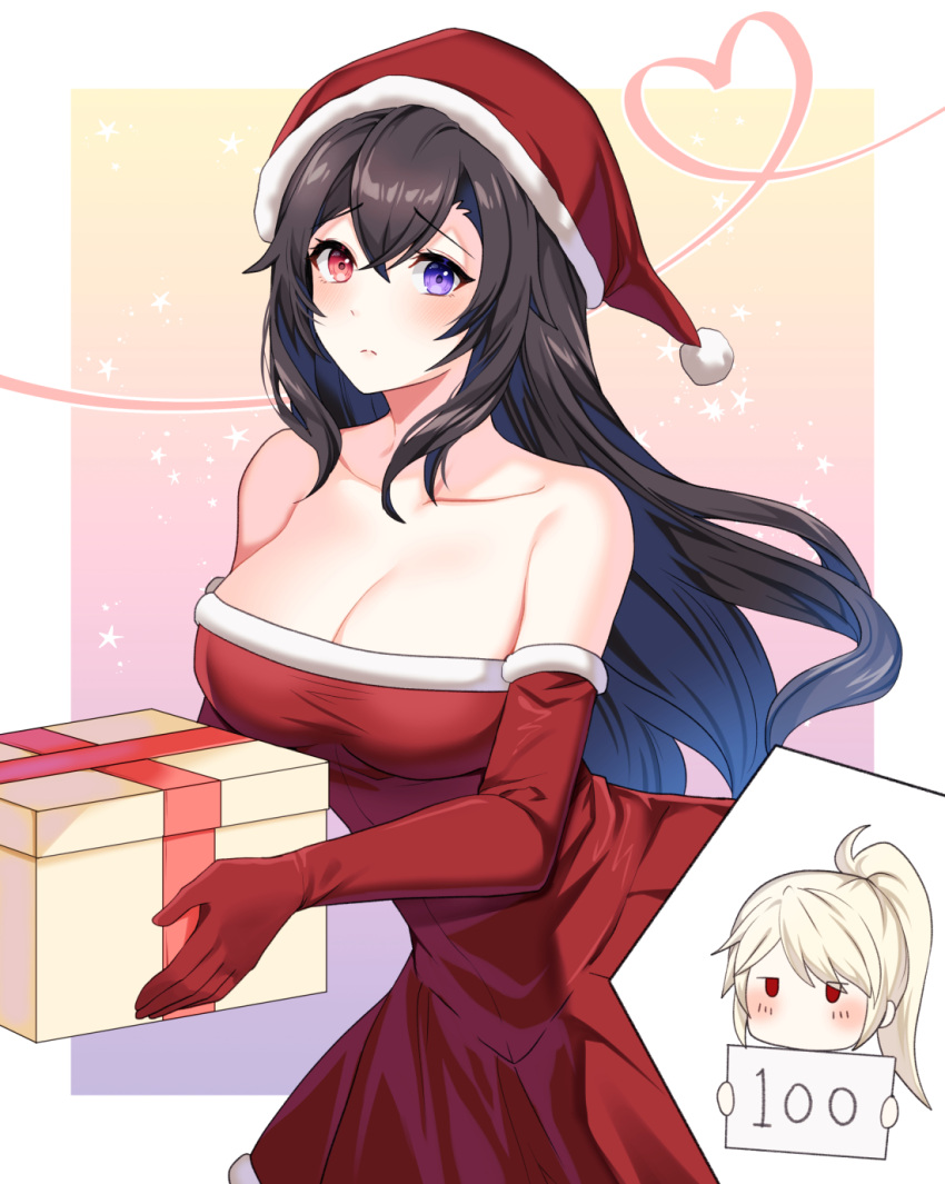 2girls appletea bare_shoulders black_hair blonde_hair border breasts character_name christmas cleavage closed_mouth closers collarbone crossed_bangs dot_nose dress elbow_gloves gift gloves hair_between_eyes hat heterochromia high_ponytail highres holding holding_gift holding_sign large_breasts light_frown long_hair looking_at_viewer multiple_girls off-shoulder_dress off_shoulder pom_pom_(clothes) purple_eyes red_dress red_eyes red_gloves santa_hat sign sparkle split_mouth white_border