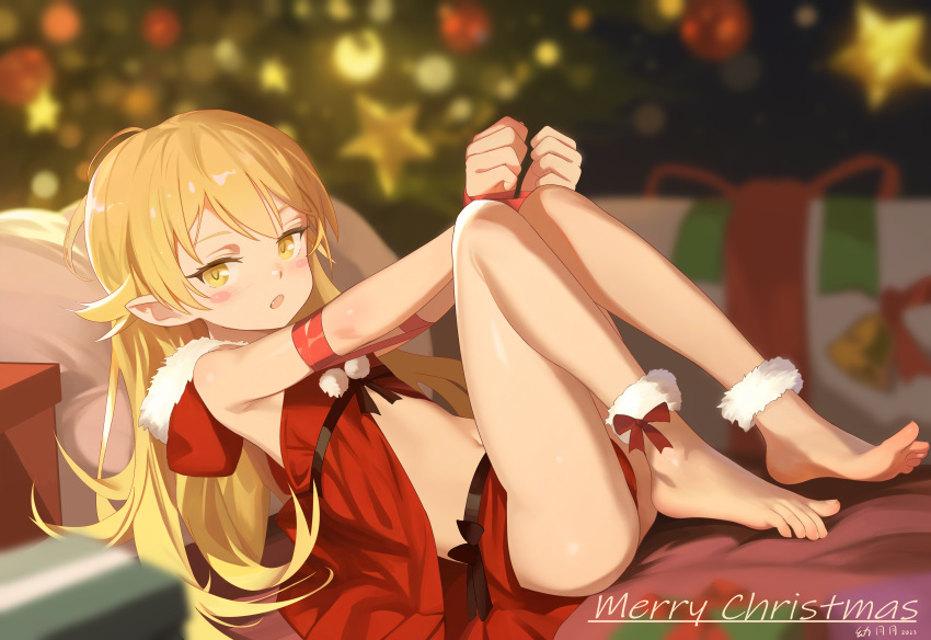 2023 absurdres babydoll barefoot blonde_hair blush_stickers bound bound_arms bound_wrists bow box christmas_tree commentary english_commentary feet female from_side fur-trimmed_hood fur_trim gift gift_box highres hood knees_up long_hair looking_at_viewer lying merry_christmas microskirt monogatari_(series) oerba_yun_fang on_back open_mouth oshino_shinobu panties pillow pointy_ears pom_pom_(clothes) red_babydoll red_bow red_hood red_panties red_ribbon red_skirt ribbon signature skirt solo toes underwear yellow_eyes youyueyue