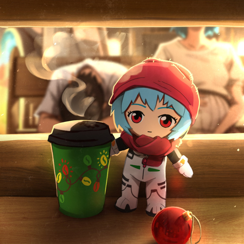 1boy absurdres ayanami_rei black_hair blue_hair bodysuit character_doll christmas_ornaments commentary cup disposable_coffee_cup disposable_cup female highres ikari_shinji khyle. neon_genesis_evangelion plugsuit pregnant red_eyes rei_chikita short_hair toy