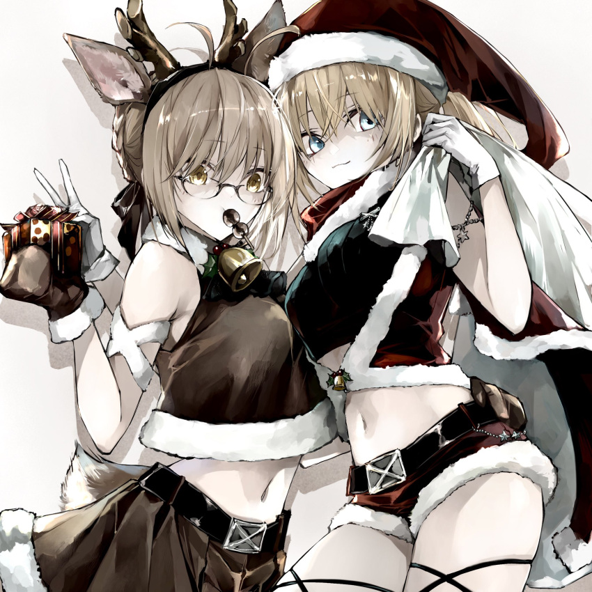 2girls ahoge animal_costume artoria_pendragon_(fate) bare_shoulders blonde_hair box braid breasts fate/grand_order fate_(series) french_braid gift gift_box hair_between_eyes hair_bun highres kino_kokko long_hair looking_at_viewer medium_breasts midriff multiple_girls mysterious_heroine_x_(fate) mysterious_heroine_x_alter_(fate) navel reindeer_costume sack santa_costume sidelocks single_hair_bun thighs yellow_eyes