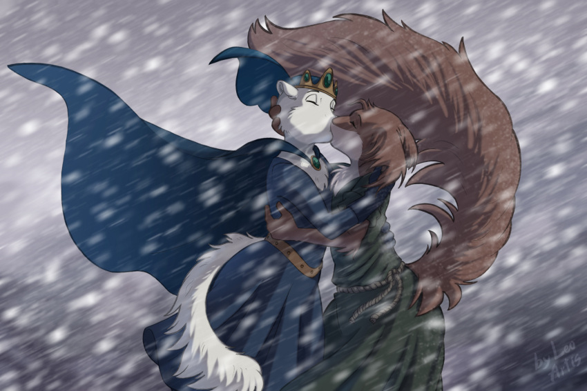 anthro blue_clothing brown_body brown_fur closed_eyes clothed clothing dress duo female female/female fur green_clothing hi_res kissing leo-artis mammal mustelid musteline princess_kurda redwall rodent sciurid snow tree_squirrel triss_(redwall) true_musteline weasel white_body white_fur