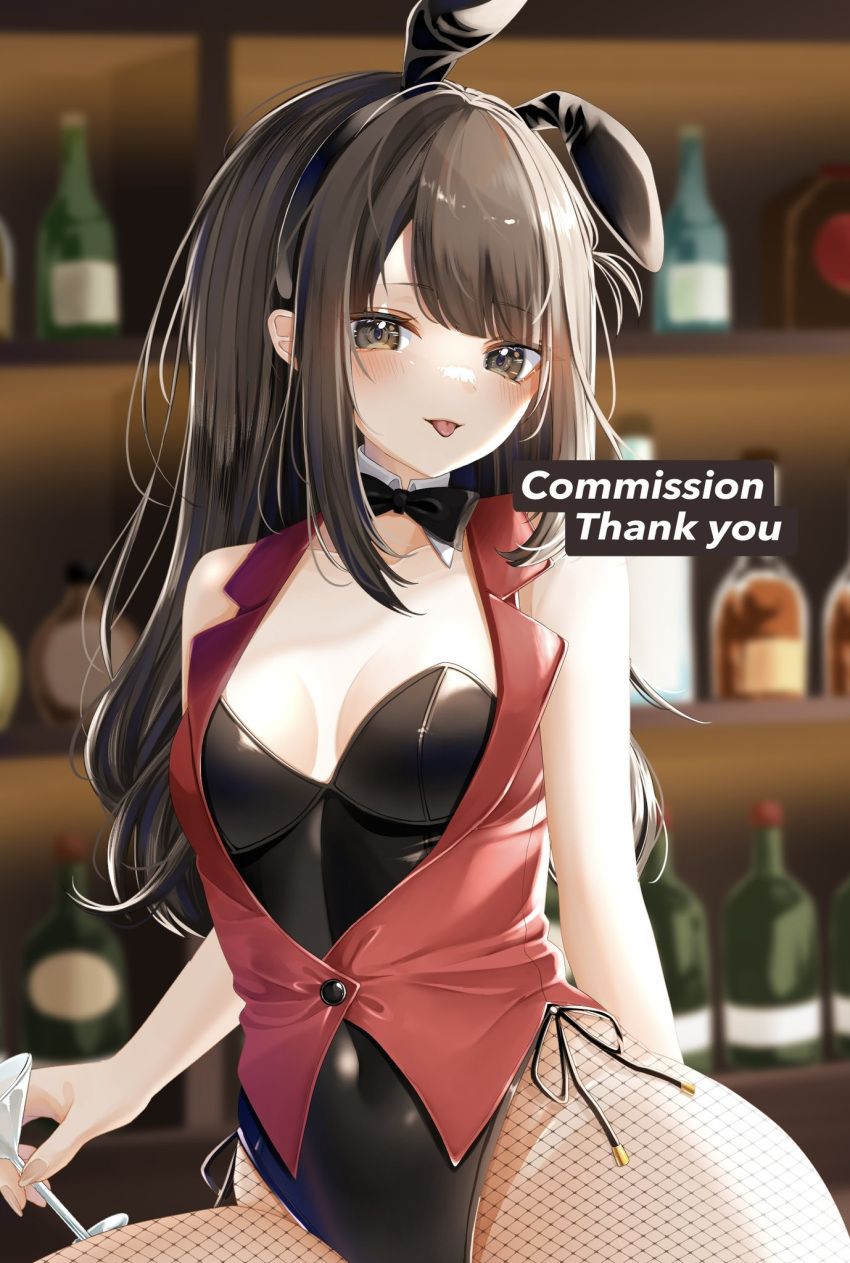 :p akishino_yuzuki animal_ears black_bow black_bowtie black_leotard blush bow bowtie brown_eyes brown_hair commission covered_navel cup detached_collar fake_animal_ears female fishnet_pantyhose fishnets highres holding holding_cup indie_virtual_youtuber leotard long_hair ohagetty pantyhose playboy_bunny rabbit_ears skeb_commission solo strapless strapless_leotard swept_bangs tongue tongue_out virtual_youtuber wing_collar