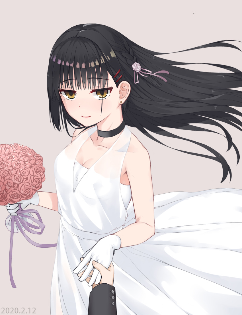 1boy 2020 bare_shoulders black_choker black_hair blush bouquet braid breasts cafe_stella_to_shinigami_no_chou chinese_commentary choker cleavage closed_mouth collarbone commentary_request cowboy_shot dated dress earrings eyelashes female floating_hair flower gloves hair_between_eyes hair_flower hair_ornament hair_ribbon hairclip hands_up highres holding holding_bouquet holding_hands jewelry jitome light_brown_background lips long_hair looking_at_viewer medium_breasts mole mole_under_eye pink_ribbon pov pov_hands purple_ribbon qumai79 red_ribbon ribbon rose shiki_natsume side_braid simple_background sleeveless sleeveless_dress smile solo_focus standing straight stud_earrings wedding wedding_dress white_dress white_flower white_gloves white_rose yellow_eyes