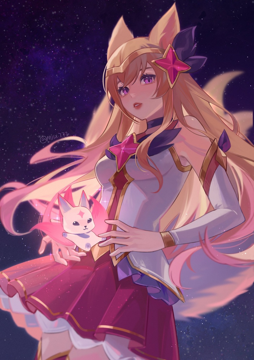 ahri_(league_of_legends) animal animal_ears artist_name bare_shoulders breasts cowboy_shot detached_sleeves female fox_ears fox_girl fox_tail highres league_of_legends long_sleeves looking_at_viewer medium_breasts miix777 miniskirt pink_eyes pleated_skirt red_skirt skirt solo space star_(symbol) star_guardian_ahri tail teeth