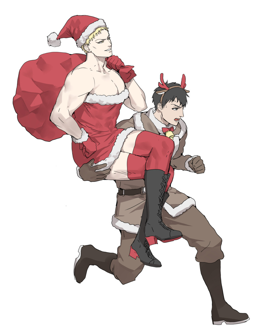 2boys animal_costume antlers bara bare_shoulders bertolt_hoover black_hair blonde_hair christmas crossdressing crossed_legs cute_potato_(cute_potato_ner) dress fake_antlers hat highres horns large_pectorals male_focus multiple_boys muscular muscular_male pectoral_cleavage pectorals red_headwear red_thighhighs reindeer_antlers reindeer_costume reiner_braun santa_dress santa_hat shingeki_no_kyojin short_hair sitting_on_arm smile strapless strapless_dress thick_eyebrows thighhighs yaoi zettai_ryouiki