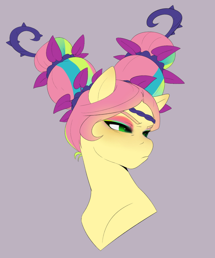 alternate_hairstyle aztrial blue_eyes earth_pony equid equine eyeshadow female feral fur hair hasbro hi_res horse makeup mammal mlp_g4 my_little_pony pink_hair pony portrait posey_(g5) yellow_body yellow_fur