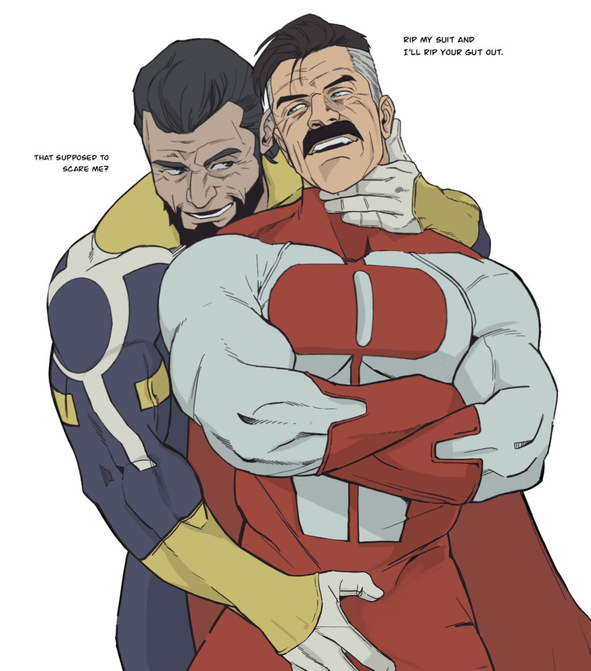 2boys bara beard black_eyes black_hair blue_bodysuit blue_eyes bodysuit bonjourdraws bulge bulge_press bulges_touching cape crossed_arms english_text facial_hair grey_hair highres invincible_(series) looking_at_another male_focus mature_male medium_hair moustache multicolored_bodysuit multicolored_clothes multicolored_hair multiple_boys muscular muscular_male neck_grab nolan_grayson omni-man red_bodysuit red_cape short_hair simple_background smile standing superhero_costume teeth the_immortal_(invincible) thick_mustache two-tone_bodysuit white_background white_bodysuit wrinkled_skin yaoi yellow_bodysuit